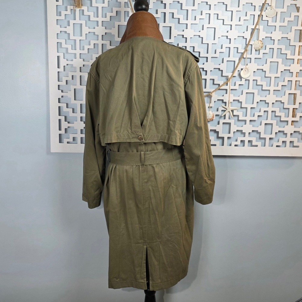 Vintage Co Ltd Olive Green Cotton Safari Trench Coat Leather Trim Size 10 - Picture 2 of 11